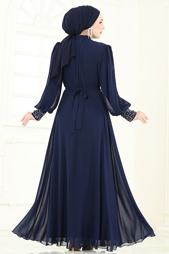 moda selvim فستان سهرة كحلي 7084ABK1075 - Thumbnail