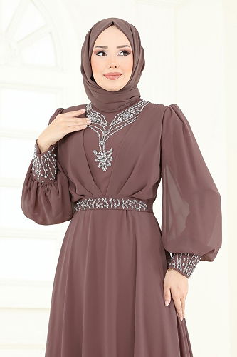 moda selvim فستان سهرة بيج وردي 7084ABK1075 - Thumbnail