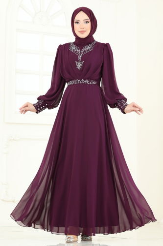 moda selvim فستان سهرة أرجواني 7084ABK1075 - Thumbnail