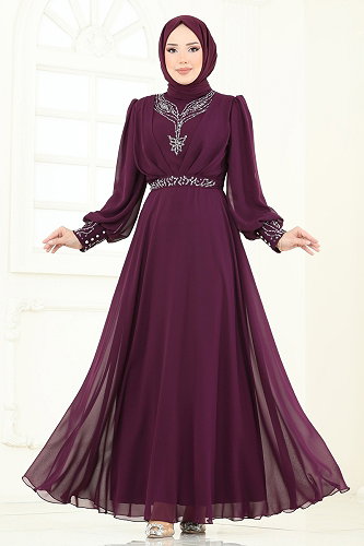 moda selvim فستان سهرة أرجواني 7084ABK1075 - Thumbnail