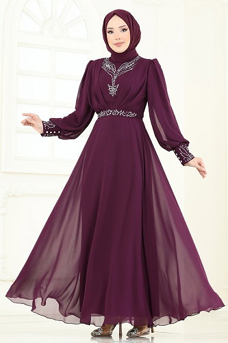 moda selvim فستان سهرة أرجواني 7084ABK1075 - Thumbnail