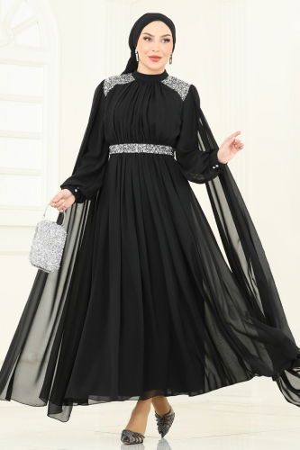 moda selvim Evening Dress 7101AB368 Black - Thumbnail