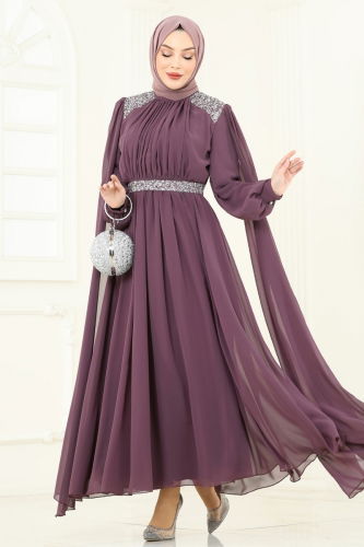 moda selvim Evening Dress 7101AB368 Dark Lilac - Thumbnail