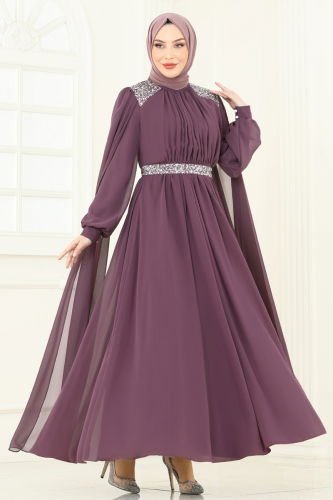 moda selvim Evening Dress 7101AB368 Dark Lilac - Thumbnail