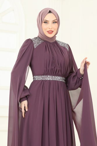 moda selvim Evening Dress 7101AB368 Dark Lilac - Thumbnail