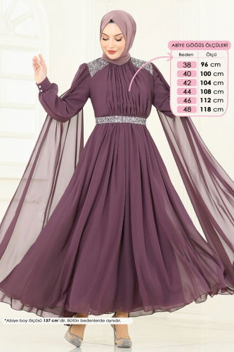 moda selvim Evening Dress 7101AB368 Dark Lilac - Thumbnail