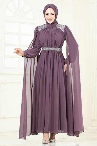 moda selvim Evening Dress 7101AB368 Dark Lilac - Thumbnail