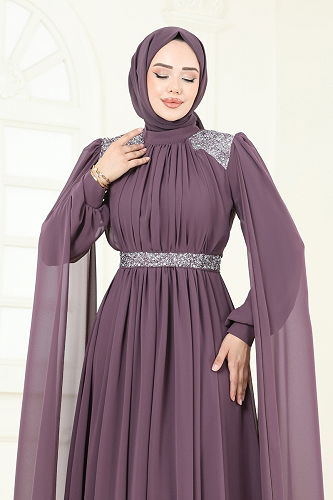 moda selvim فستان سهرة ليلكي غامق 7101AB368 - Thumbnail