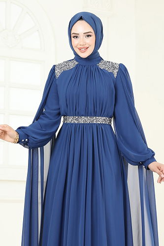 moda selvim Evening Dress 7101AB368 Indigo - Thumbnail