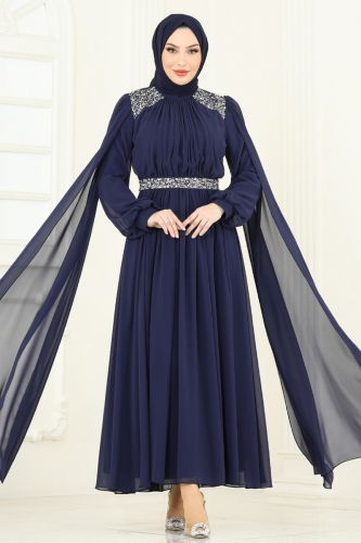 moda selvim Evening Dress 7101AB368 Navy Blue - Thumbnail