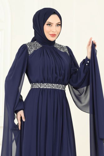 moda selvim Evening Dress 7101AB368 Navy Blue - Thumbnail