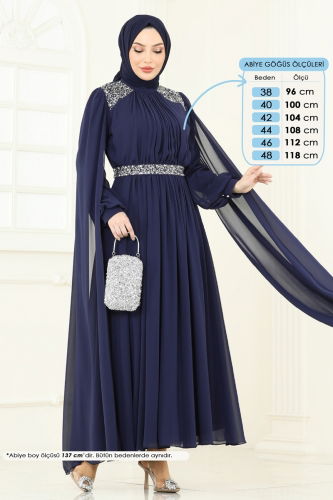 moda selvim Evening Dress 7101AB368 Navy Blue - Thumbnail