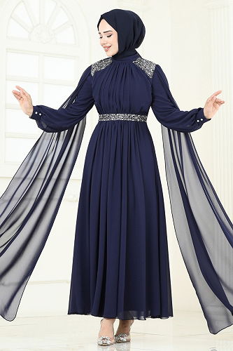 moda selvim Evening Dress 7101AB368 Navy Blue - Thumbnail