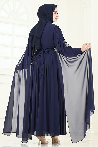 moda selvim Evening Dress 7101AB368 Navy Blue - Thumbnail