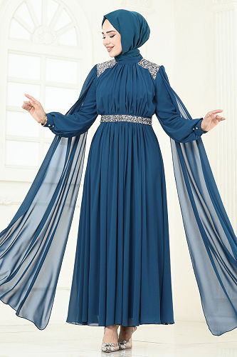 moda selvim فستان سهرة بترولي 7101AB368 - Thumbnail