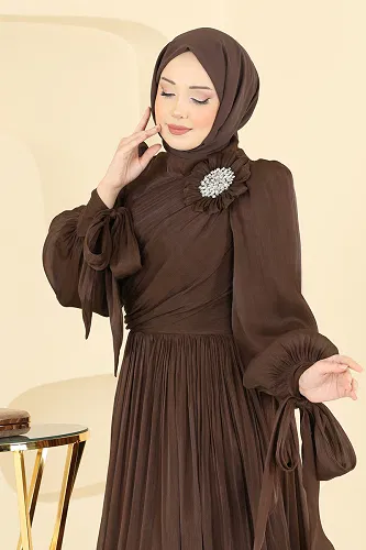 moda selvim Evening Dress 7139SAR739 Brown - Thumbnail