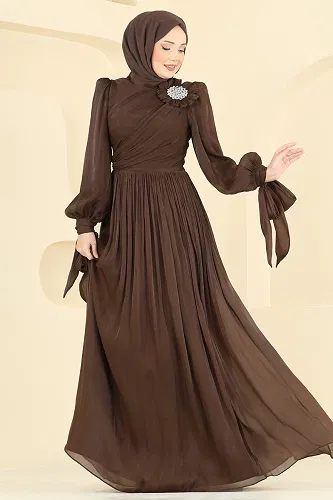 moda selvim فستان سهرة بني 7139SAR739 - Thumbnail