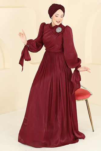 moda selvim Evening Dress 7139SAR739 Burgundy - Thumbnail