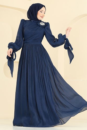 moda selvim Evening Dress 7139SAR739 Navy Blue - Thumbnail