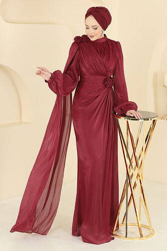moda selvim Evening Dress 7149SAR739 Burgundy - Thumbnail