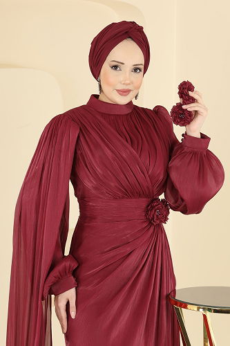 moda selvim فستان سهرة خمري 7149SAR739 - Thumbnail