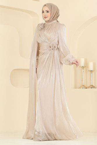 moda selvim فستان سهرة كريمي 7149SAR739 - Thumbnail