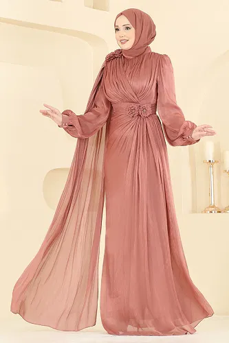 moda selvim فستان سهرة وردي غامق 7149SAR739 - Thumbnail