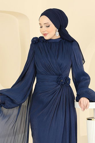 moda selvim Evening Dress 7149SAR739 Navy Blue - Thumbnail