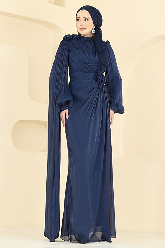 moda selvim فستان سهرة كحلي 7149SAR739 - Thumbnail