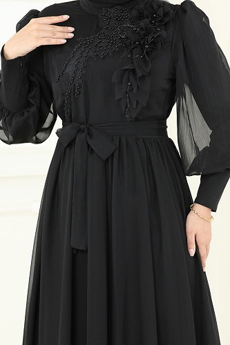 moda selvim Evening Dress 8000AB368 Black - Thumbnail