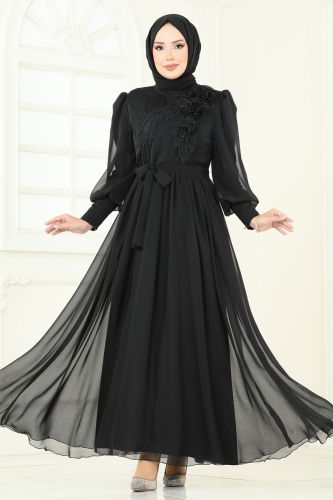 moda selvim فستان سهرة أسود 8000AB368 - Thumbnail
