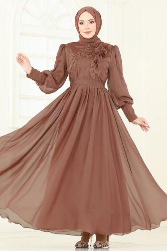 moda selvim فستان سهرة نحاسي 8000AB368 - Thumbnail