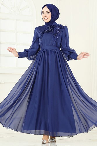 moda selvim Evening Dress 8000AB368 Navy Blue - Thumbnail