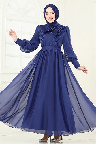 moda selvim Evening Dress 8000AB368 Navy Blue - Thumbnail