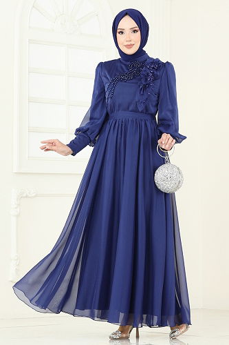 moda selvim فستان سهرة كحلي 8000AB368 - Thumbnail