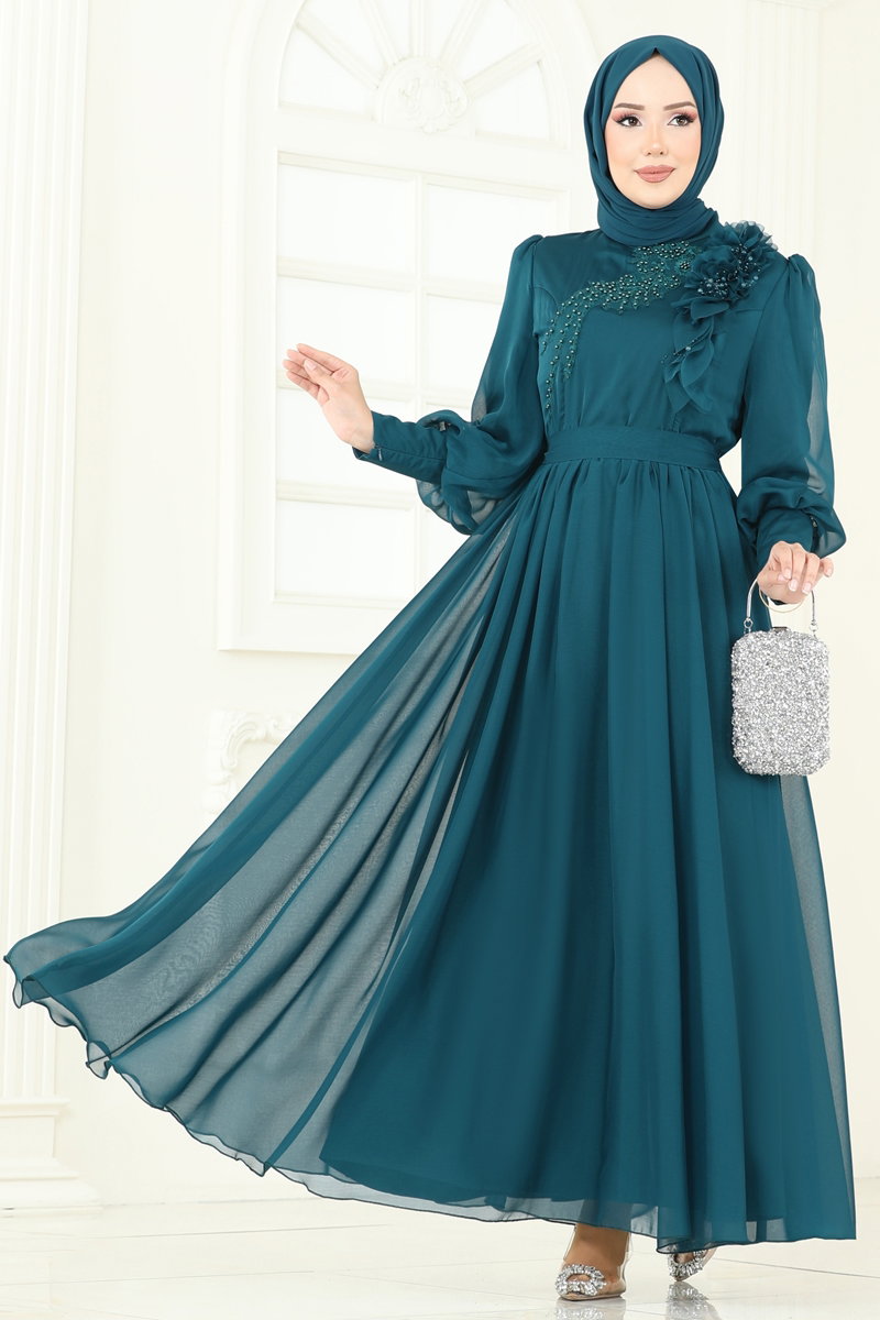 Evening Dress 8000AB368 Petroleum - Moda Selvim