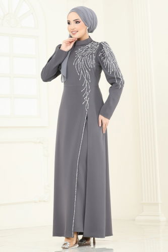 moda selvim Evening Dress 8001YG95 Anthracite - Thumbnail