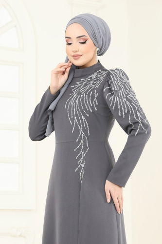 moda selvim Evening Dress 8001YG95 Anthracite - Thumbnail