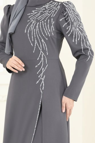 moda selvim فستان سهرة رمادي غامق 8001YG95 - Thumbnail