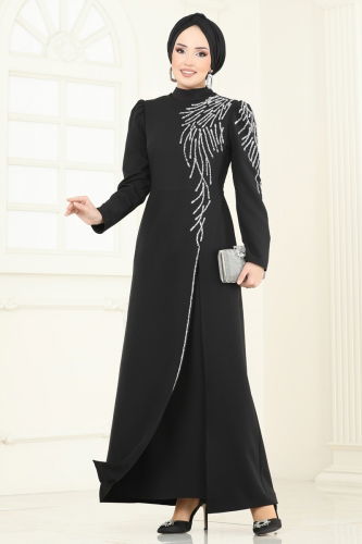 moda selvim فستان سهرة أسود 8001YG95 - Thumbnail