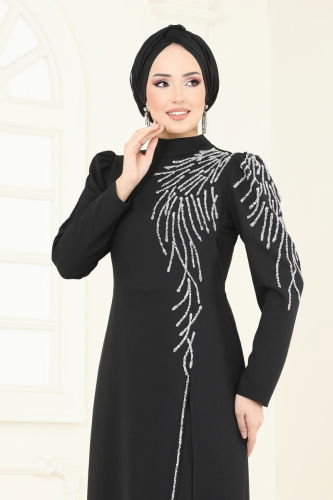 moda selvim فستان سهرة أسود 8001YG95 - Thumbnail