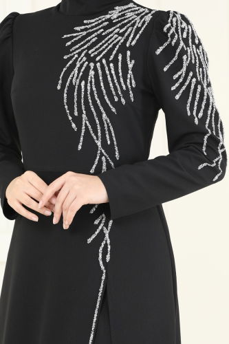 moda selvim فستان سهرة أسود 8001YG95 - Thumbnail