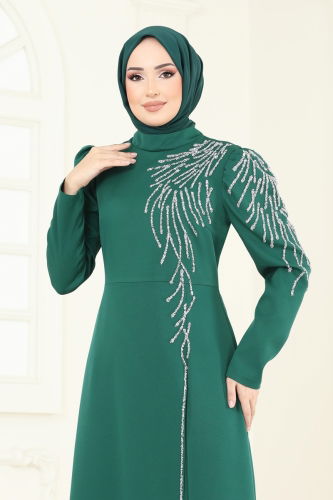 moda selvim فستان سهرة زيتي 8001YG95 - Thumbnail