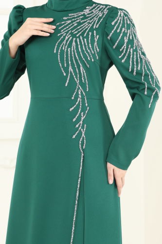 moda selvim فستان سهرة زيتي 8001YG95 - Thumbnail
