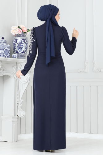 moda selvim Evening Dress 8001YG95 Navy Blue - Thumbnail