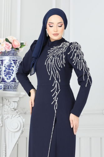 moda selvim Evening Dress 8001YG95 Navy Blue - Thumbnail