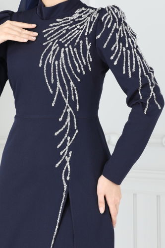 moda selvim Evening Dress 8001YG95 Navy Blue - Thumbnail
