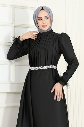 moda selvim فستان سهرة أسود 8006YG95 - Thumbnail