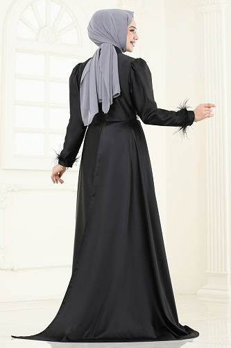 moda selvim فستان سهرة أسود 8006YG95 - Thumbnail