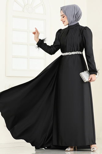 moda selvim فستان سهرة أسود 8006YG95 - Thumbnail